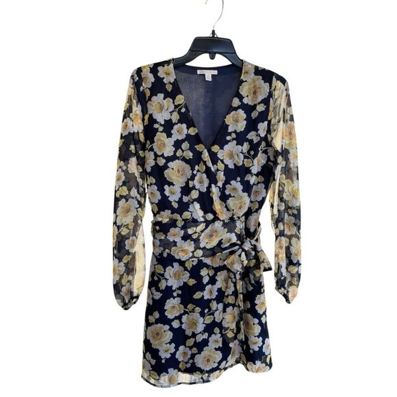 Cato Navy Floral Faux Wrap Mini Dress W/ Sheer Sleeves -SZ 14 - XL - Picture 5 of 5